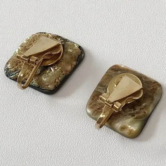 Vintage Abalone Shell Square Abstract Modernist Clip On Earrings Gold Tone - Picture 7 of 9